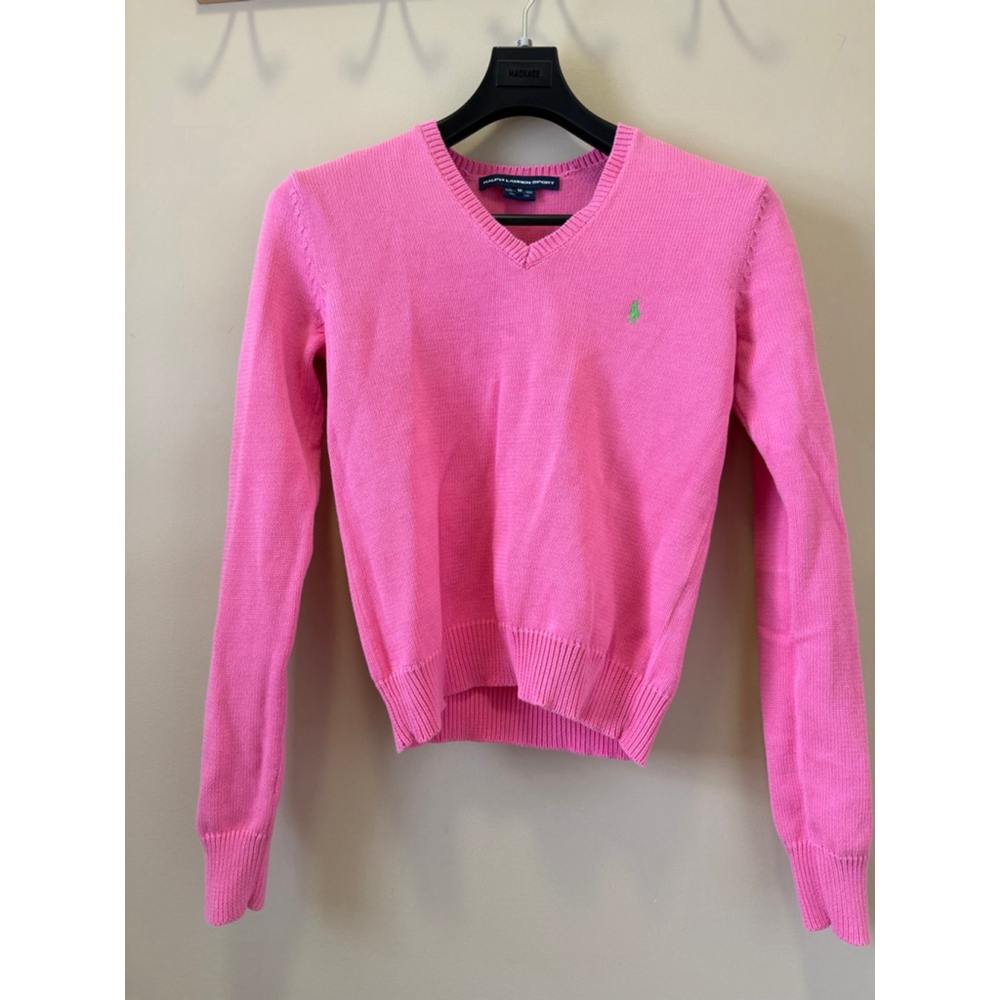 Women's Ralph Lauren Sport Pink V-Neck Sweater with Green Logo, Size M
